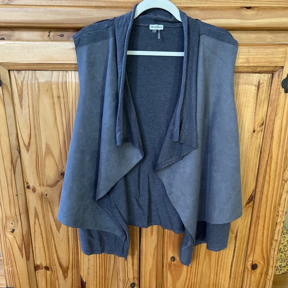 SIONI Sleeveless‎ Cardigan Gray Blue Faux Suede Knit Women's Size Large